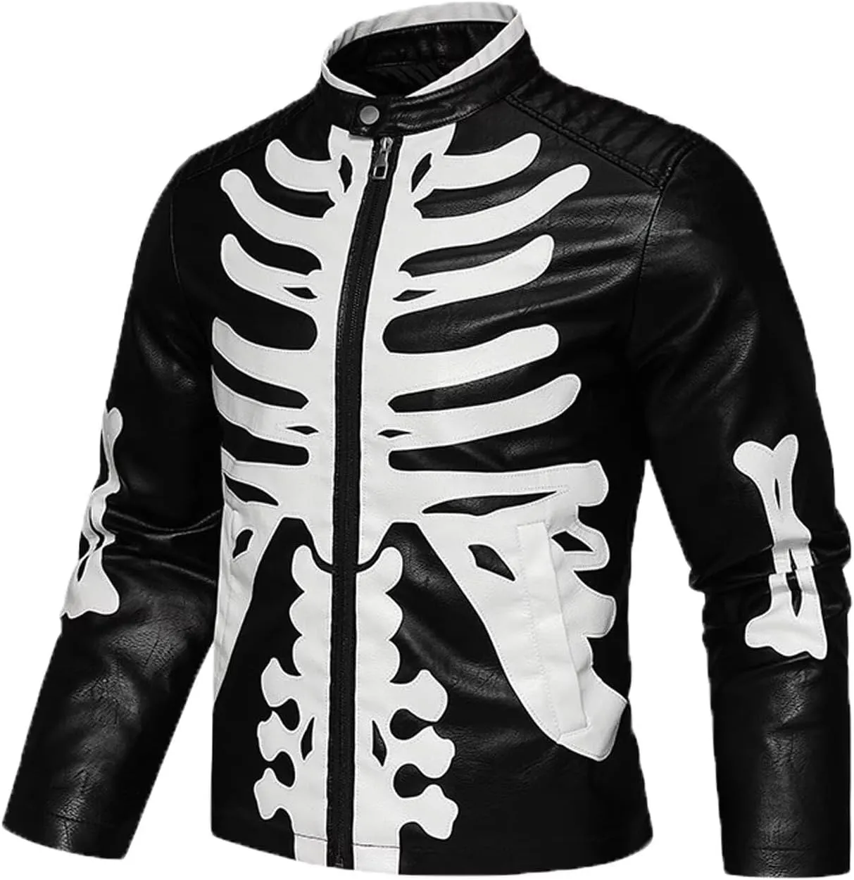 INVACHI Men's Faux Leather Jacket with Skeleton Design Waterproof Motorcyle Jacket PU Leather Jacket for Men