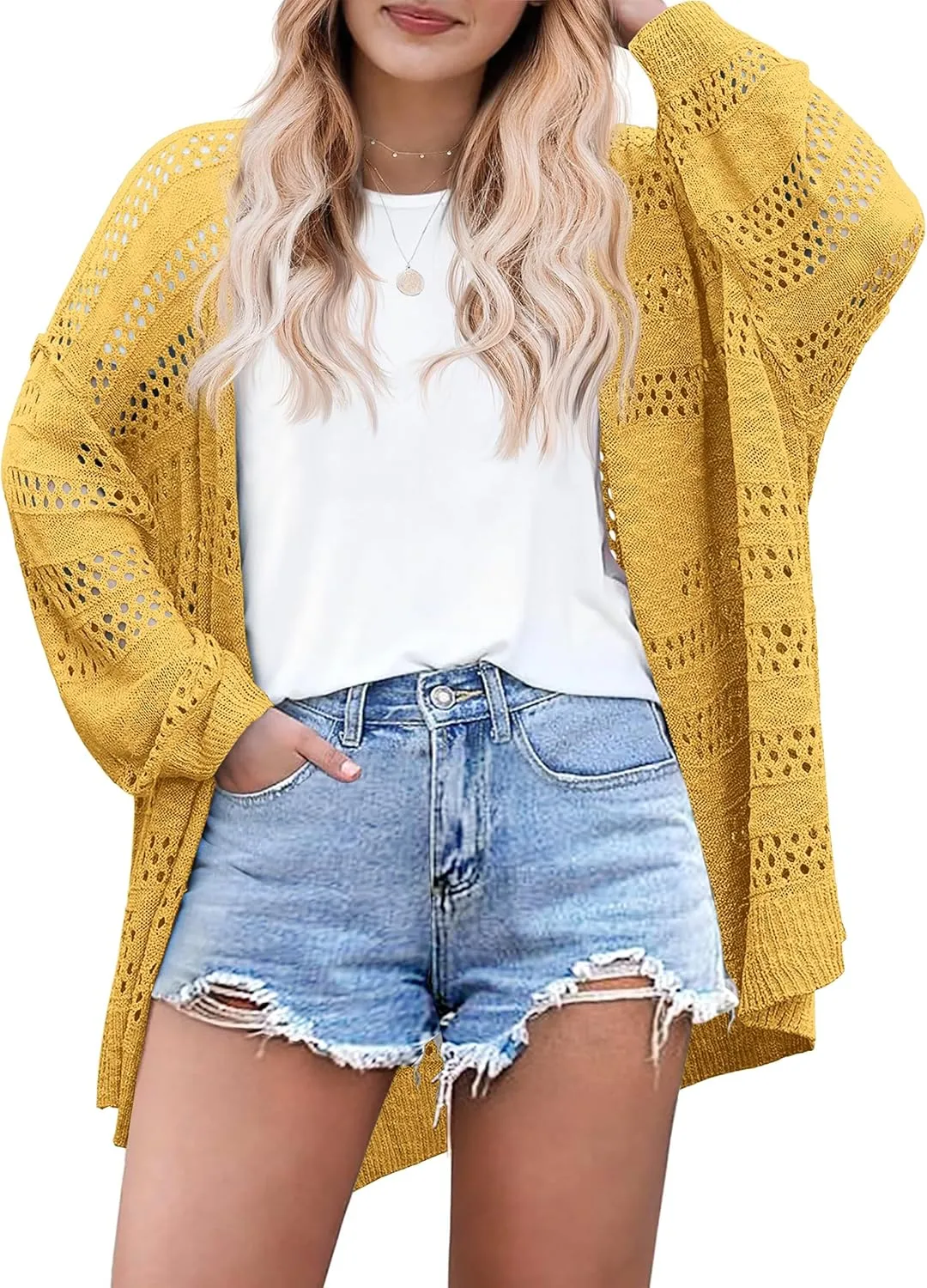 IN'VOLAND Plus Size Lightweight Summer Cardigan for Women Spring Netted Crochet Knit Cardigans Sweaters 20W Yellow