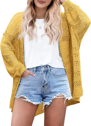 IN'VOLAND Plus Size Lightweight Summer Cardigan for Women Spring Netted Crochet Knit Cardigans Sweaters 20W Yellow