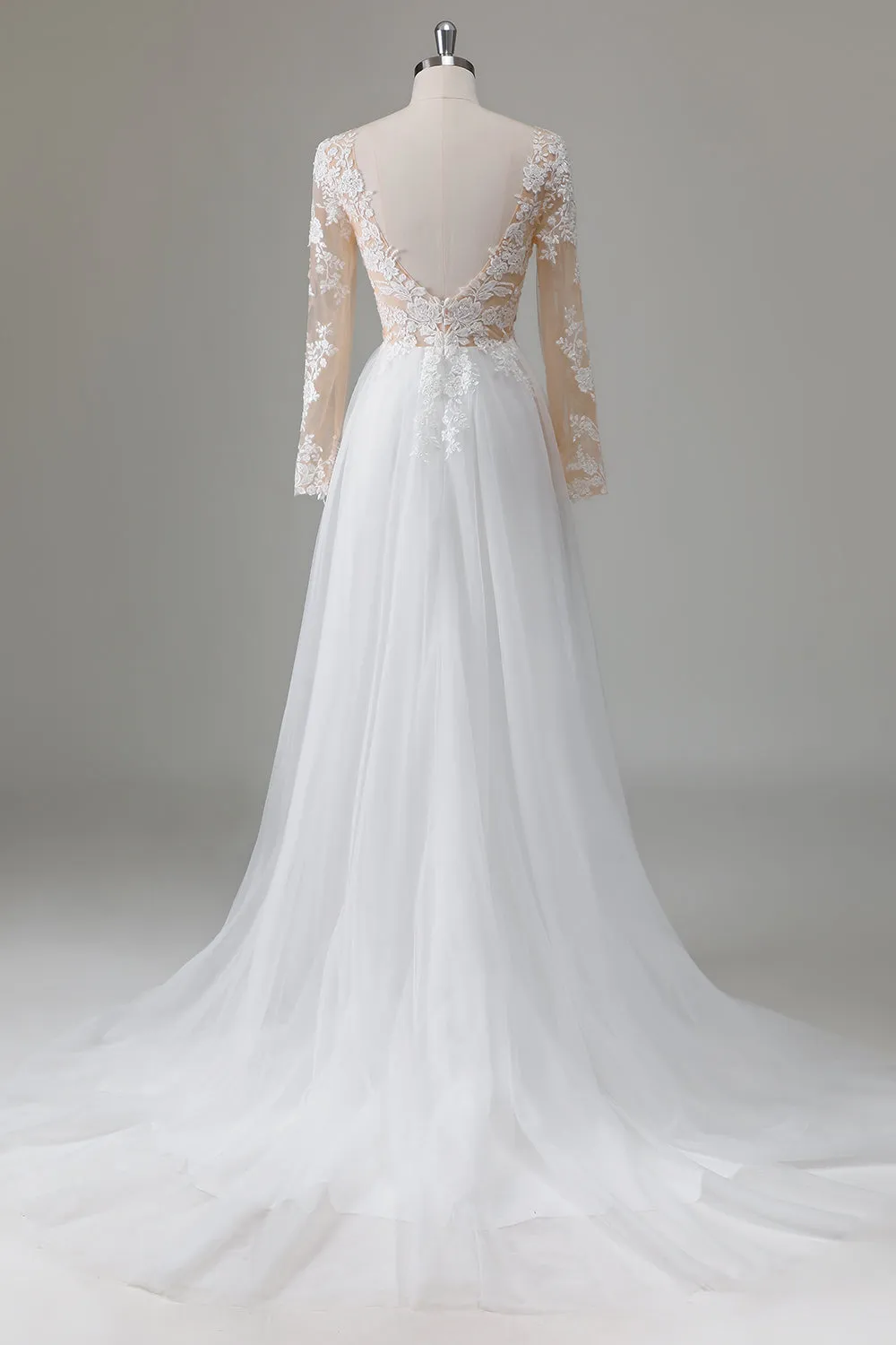 Ivory V Neck Beaded Applique Long Wedding Dress with Illusion Sleeves