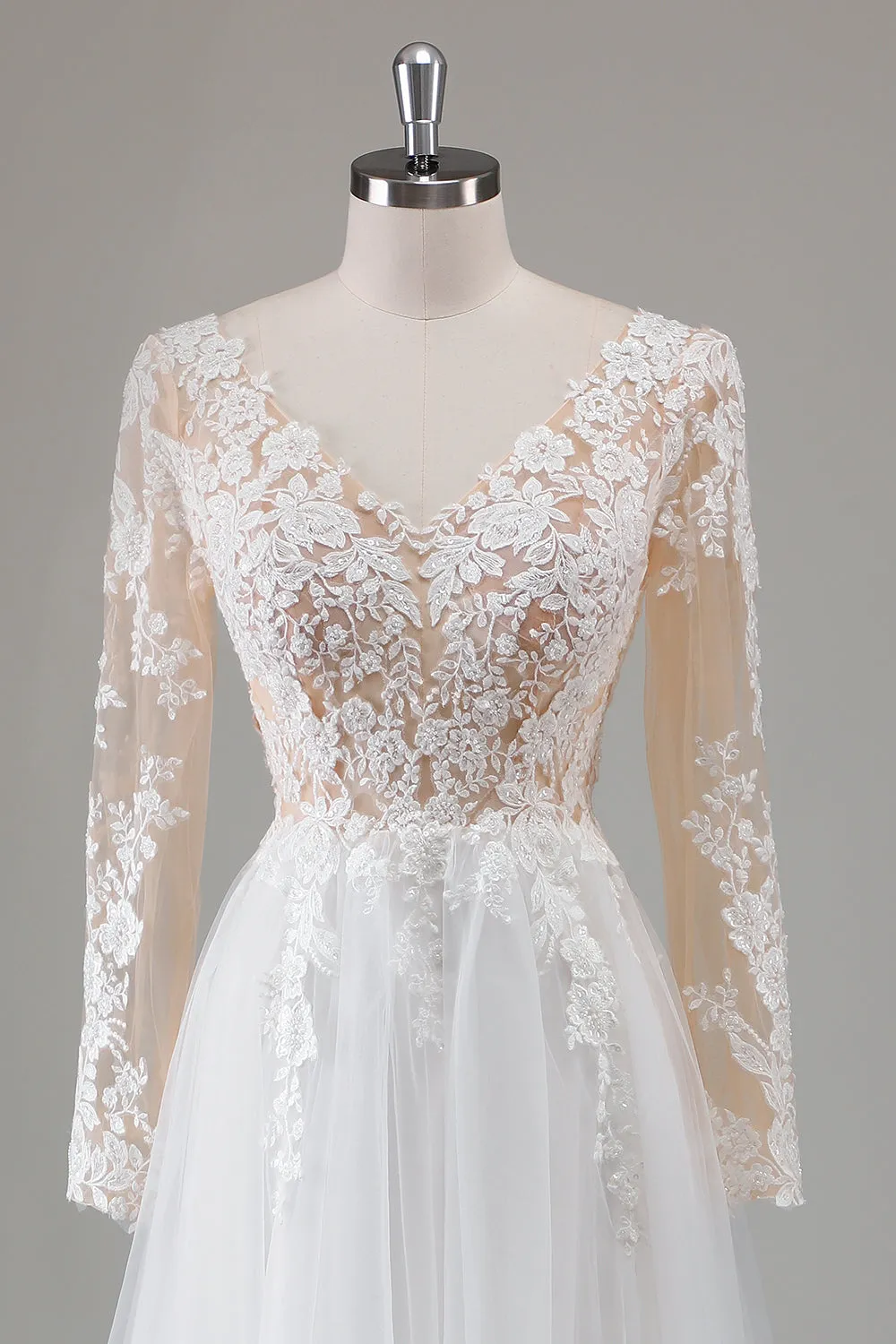 Ivory V Neck Beaded Applique Long Wedding Dress with Illusion Sleeves