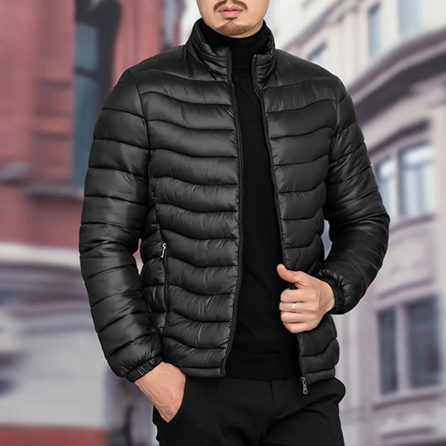 JEsilunmaMY Men's Warm Cropped Down Jacket Lightweight Stand Collar Packable Puffer Jacket Fall Winter Padded Cotton Coat