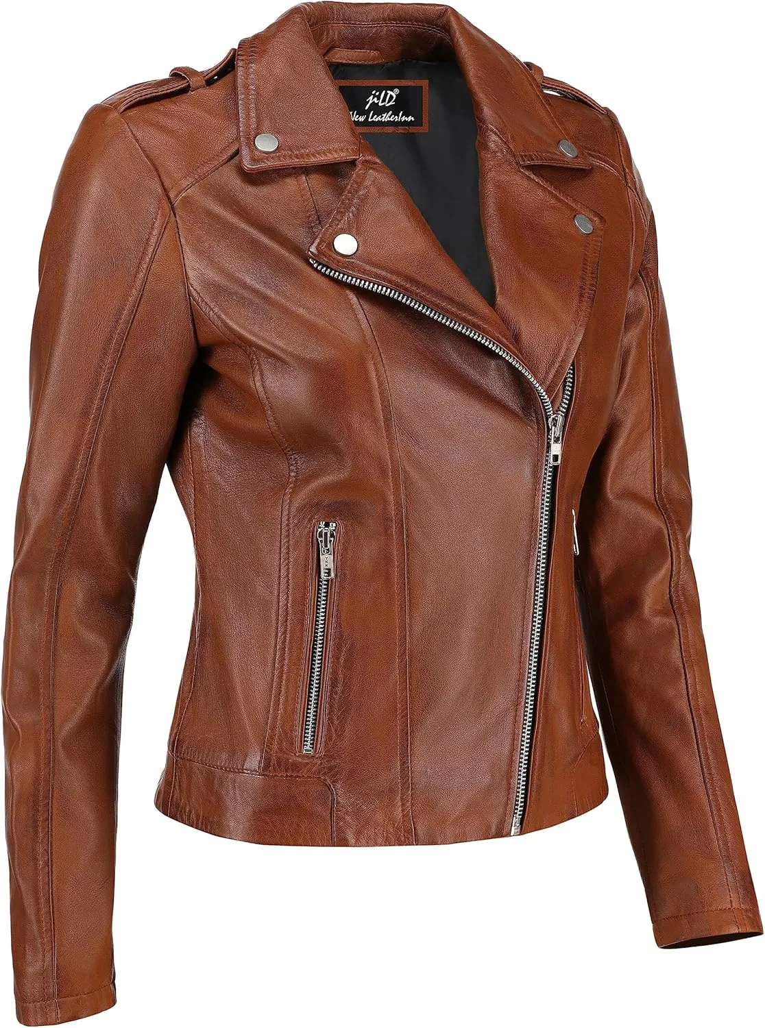 Jild Biker Style Vintage Leather Jacket Women - Casual Fashion Motorcycle Zip-Up Lightweight Coat Collar Women Leather Jacket