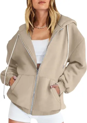 JJHAEVDY Zip Up Hoodie Women Solid Drawstring Sweatshirts Fall Outwear Jacket Hooded Coat Sports Activewear Pocket