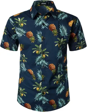 JOGAL Men's Cotton Button Down Short Sleeve Hawaiian Shirt