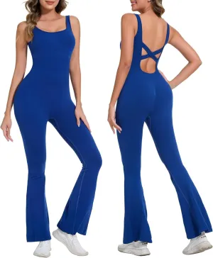 Jumpsuits for Women One Piece Workout Tummy Control Square Neck Sleeveless Flare Backless Outfits