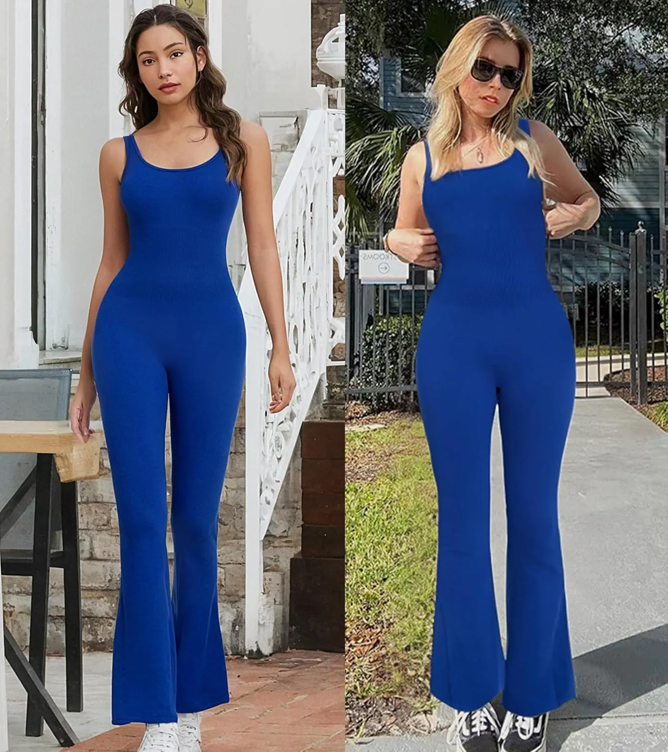 Jumpsuits for Women One Piece Workout Tummy Control Square Neck Sleeveless Flare Backless Outfits