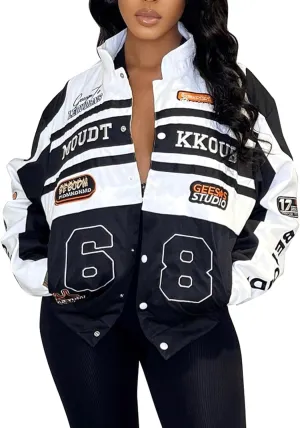 KANSOON Varsity Jacket Women Motorcycle Racer Detachable Letter Graphic Jackets Vintage Color Block Baseball Coat