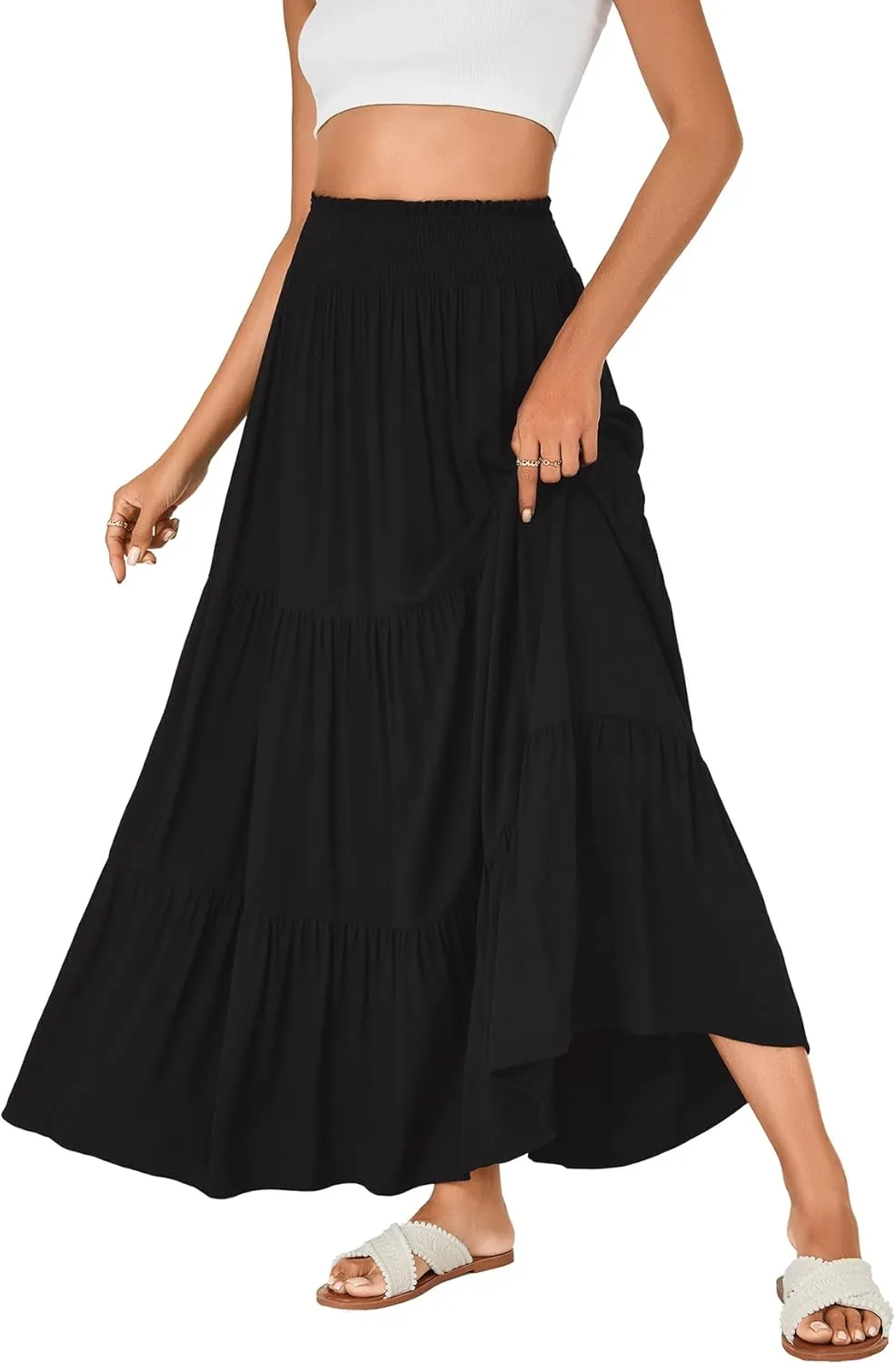 KIFOVEN Womens Maxi Skirt Summer Elastic High Waist A-Line Long Skirt Flowy Tiered Ruffle Casual Boho Midi Skirt