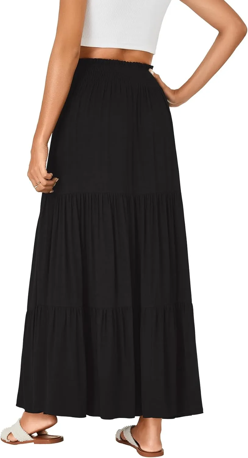 KIFOVEN Womens Maxi Skirt Summer Elastic High Waist A-Line Long Skirt Flowy Tiered Ruffle Casual Boho Midi Skirt