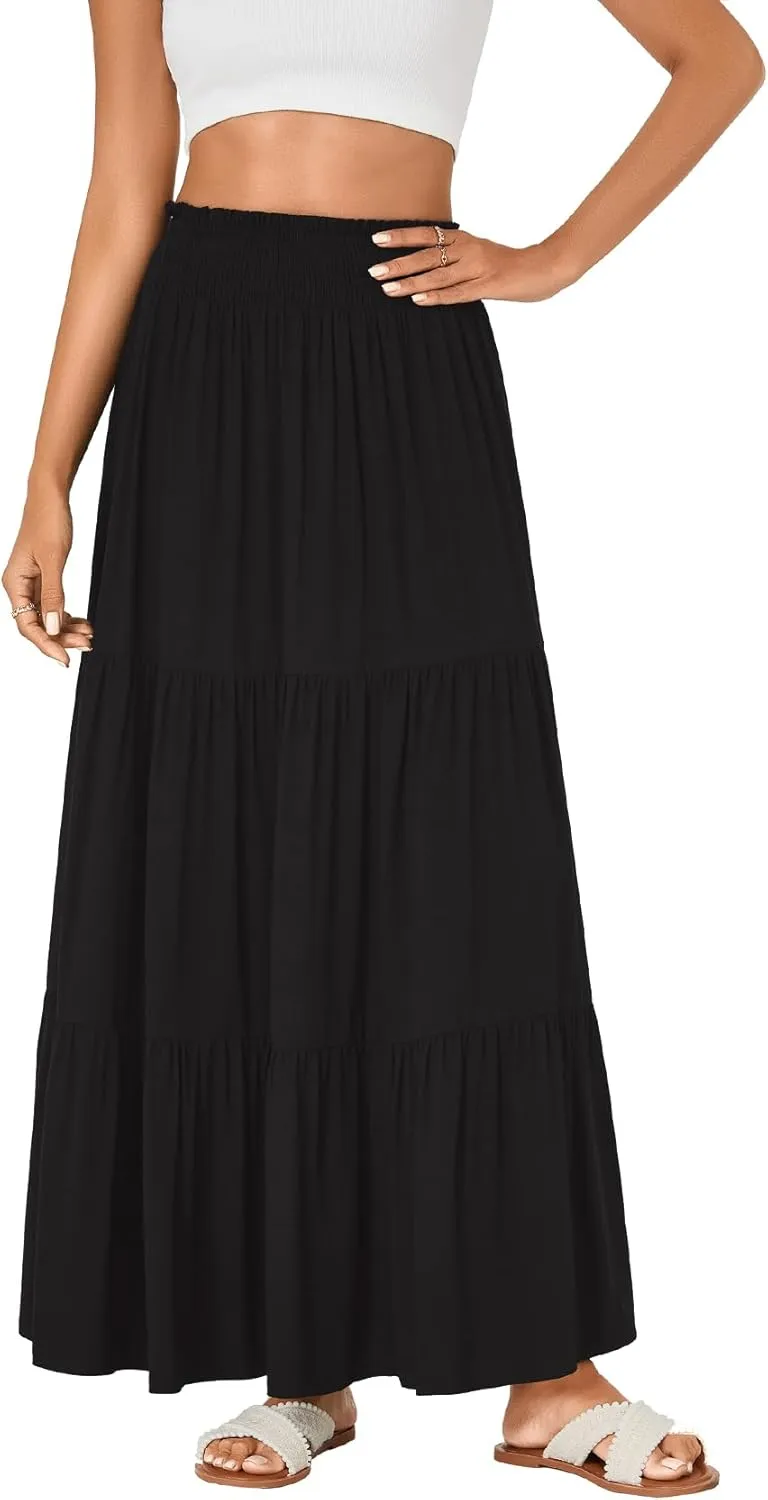 KIFOVEN Womens Maxi Skirt Summer Elastic High Waist A-Line Long Skirt Flowy Tiered Ruffle Casual Boho Midi Skirt