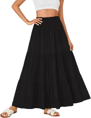 KIFOVEN Womens Maxi Skirt Summer Elastic High Waist A-Line Long Skirt Flowy Tiered Ruffle Casual Boho Midi Skirt