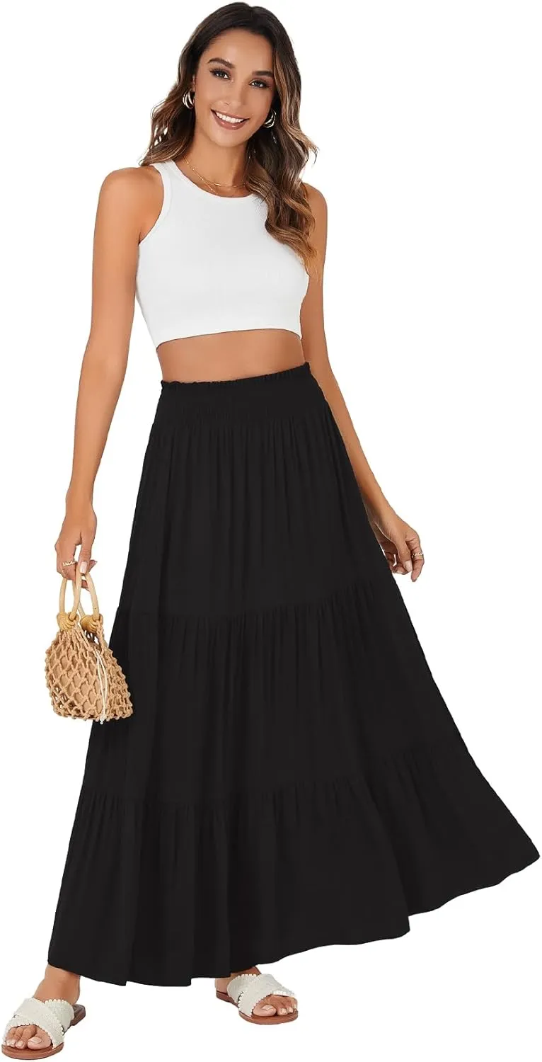 KIFOVEN Womens Maxi Skirt Summer Elastic High Waist A-Line Long Skirt Flowy Tiered Ruffle Casual Boho Midi Skirt
