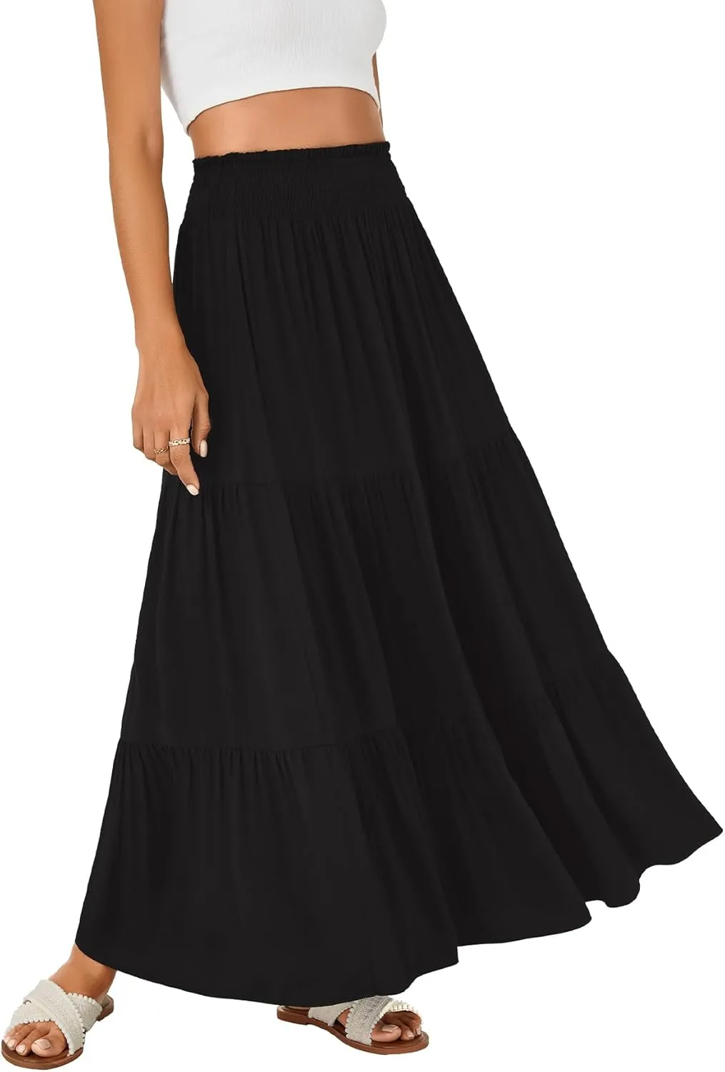 KIFOVEN Womens Maxi Skirt Summer Elastic High Waist A-Line Long Skirt Flowy Tiered Ruffle Casual Boho Midi Skirt
