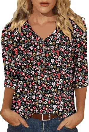 KISSMODA Women's Casual 3/4 Sleeve T-Shirts 2025 V-Neck Tunic Tops Cute Tees Blouses Loose Fit Business Work Tee Top