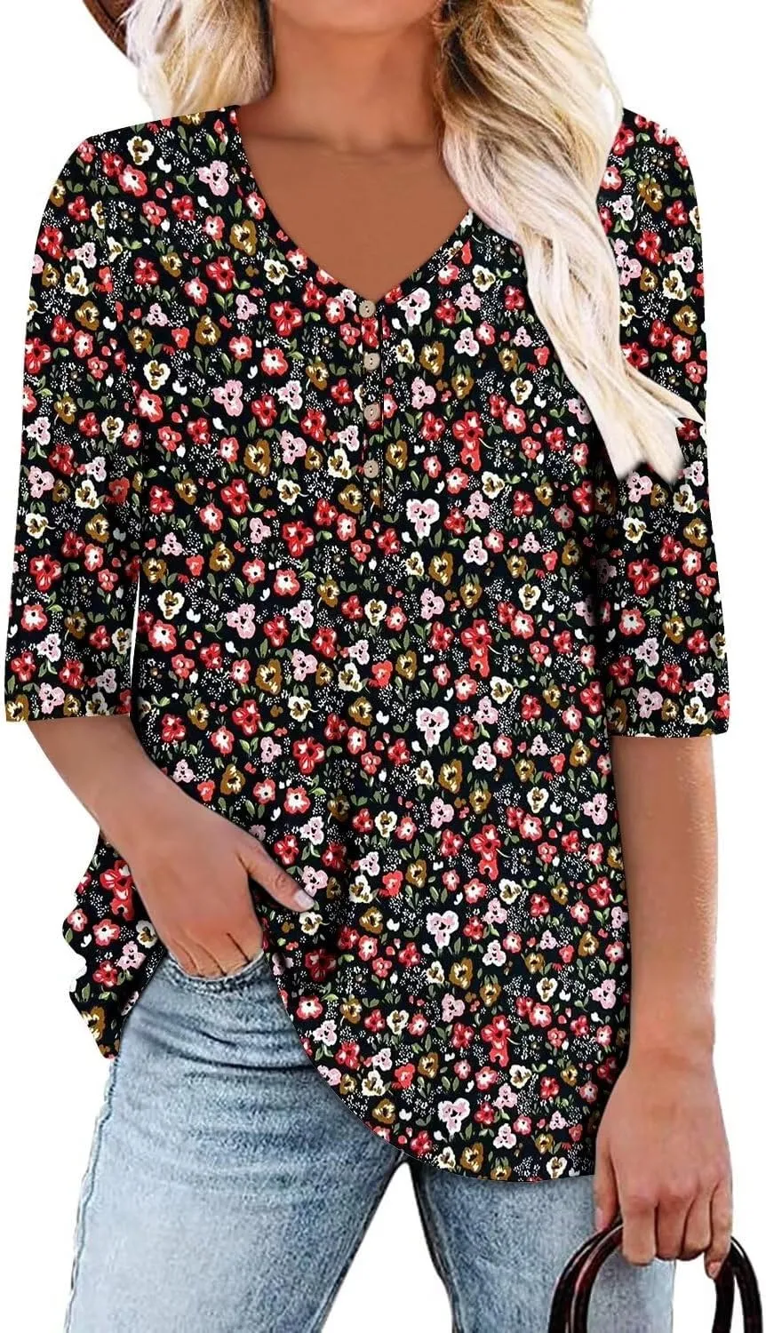 KISSMODA Women's Casual 3/4 Sleeve T-Shirts 2025 V-Neck Tunic Tops Cute Tees Blouses Loose Fit Business Work Tee Top