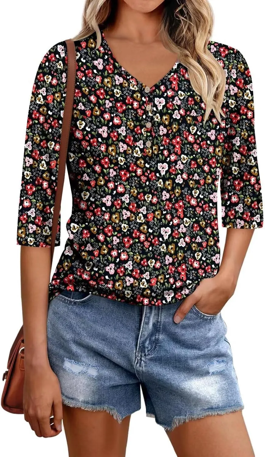 KISSMODA Women's Casual 3/4 Sleeve T-Shirts 2025 V-Neck Tunic Tops Cute Tees Blouses Loose Fit Business Work Tee Top
