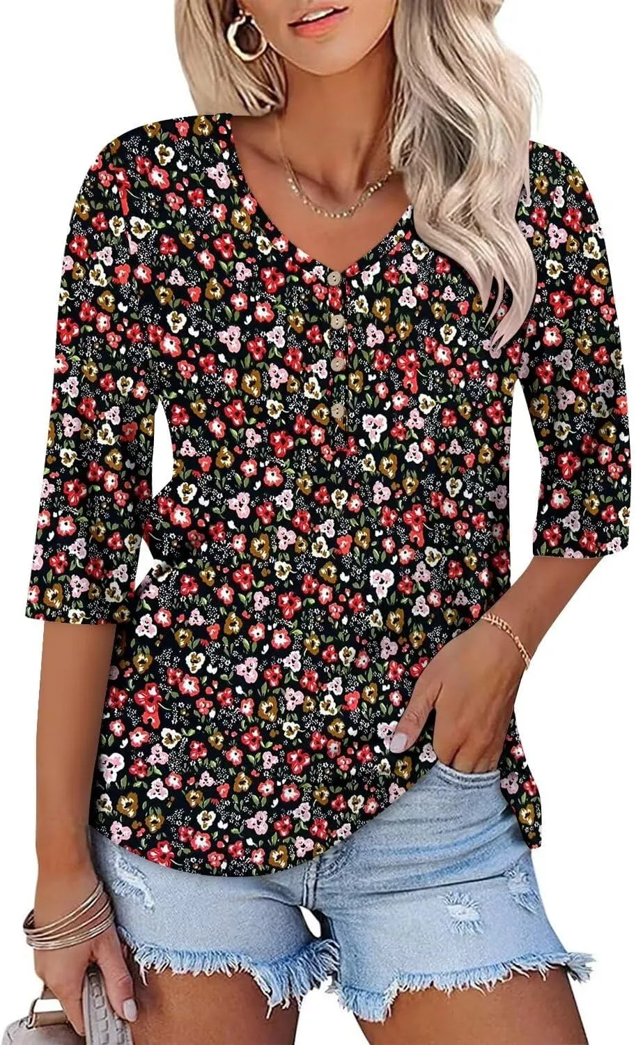 KISSMODA Women's Casual 3/4 Sleeve T-Shirts 2025 V-Neck Tunic Tops Cute Tees Blouses Loose Fit Business Work Tee Top