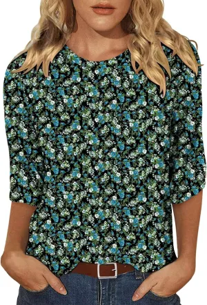 KISSMODA Women's Casual 3/4 Sleeve T-Shirts 2025 V-Neck Tunic Tops Cute Tees Blouses Loose Fit Business Work Tee Top