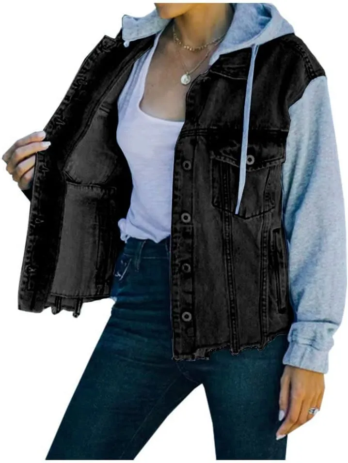 LifeShe Women's denim jacket with hood ripped distressed jean jackets hoodie
