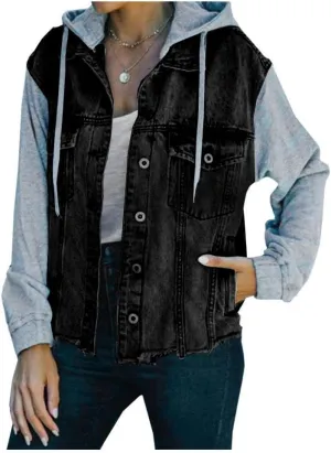 LifeShe Women's denim jacket with hood ripped distressed jean jackets hoodie
