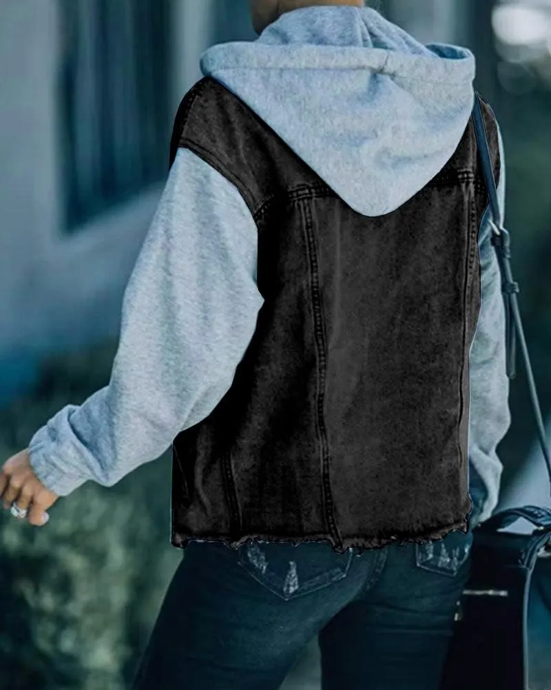 LifeShe Women's denim jacket with hood ripped distressed jean jackets hoodie