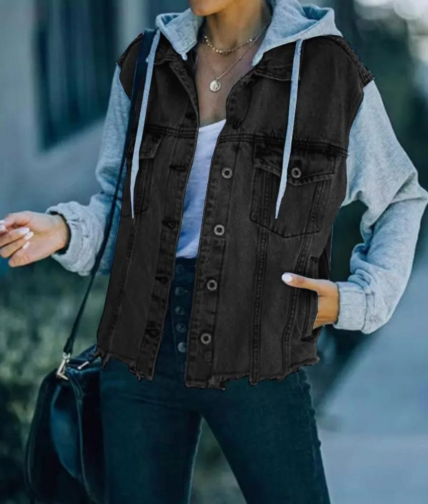 LifeShe Women's denim jacket with hood ripped distressed jean jackets hoodie