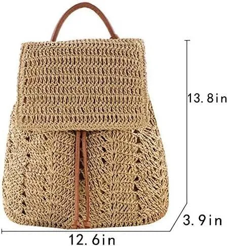Lightweight Straw Crochet Drawstring Bucket Bag Beach Bag Hollow Out Shoulders Bag for Women One Size