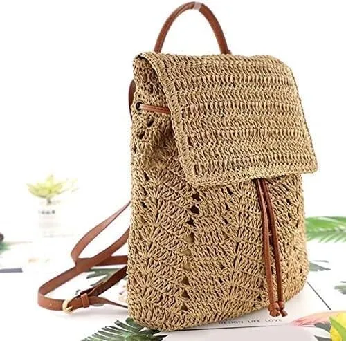 Lightweight Straw Crochet Drawstring Bucket Bag Beach Bag Hollow Out Shoulders Bag for Women One Size