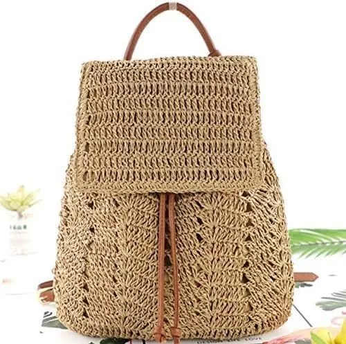 Lightweight Straw Crochet Drawstring Bucket Bag Beach Bag Hollow Out Shoulders Bag for Women One Size