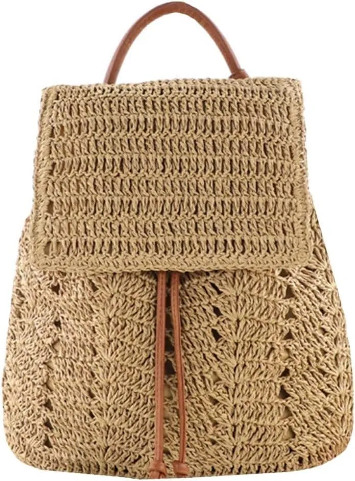Lightweight Straw Crochet Drawstring Bucket Bag Beach Bag Hollow Out Shoulders Bag for Women One Size