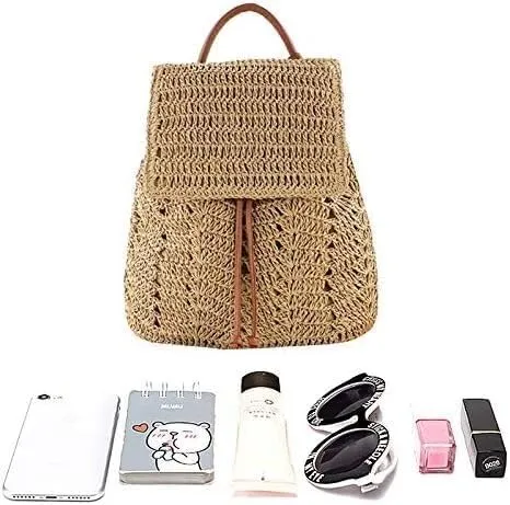 Lightweight Straw Crochet Drawstring Bucket Bag Beach Bag Hollow Out Shoulders Bag for Women One Size