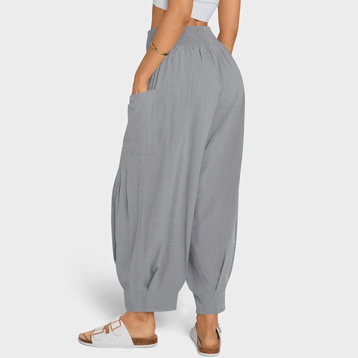 Linen Pants Women Summer 2025 Elastic High Waisted Baggy Paperback Pant Solid Color Harem Trouser with Pockets