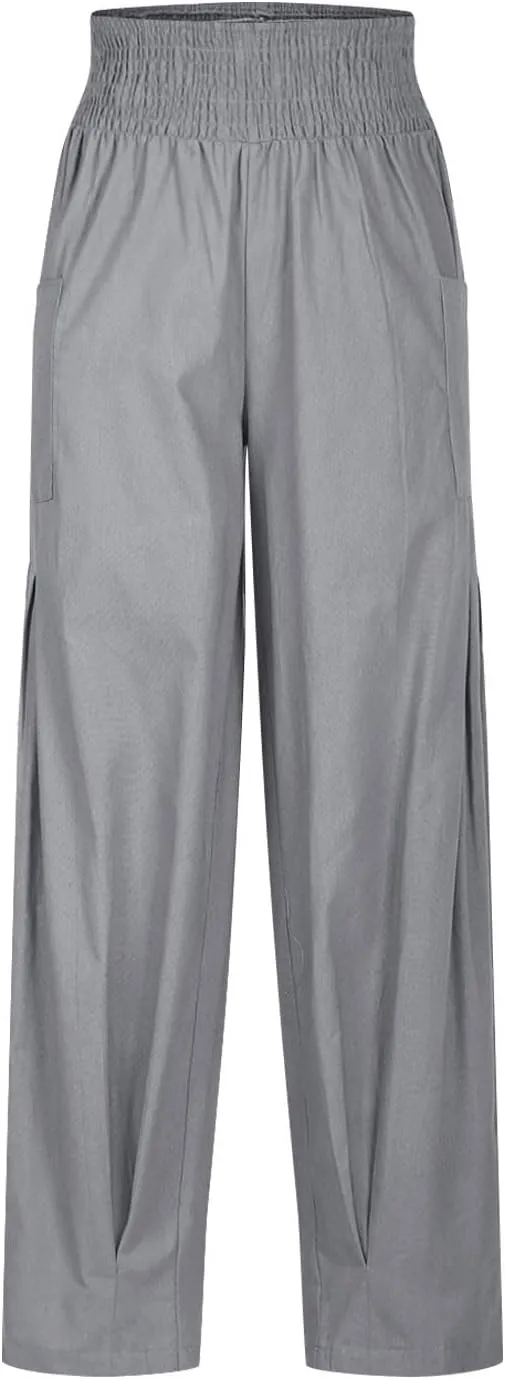 Linen Pants Women Summer 2025 Elastic High Waisted Baggy Paperback Pant Solid Color Harem Trouser with Pockets
