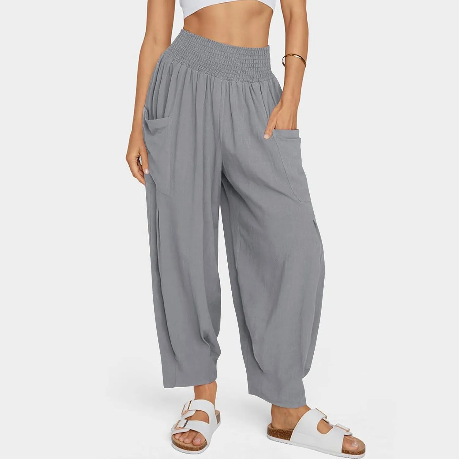 Linen Pants Women Summer 2025 Elastic High Waisted Baggy Paperback Pant Solid Color Harem Trouser with Pockets