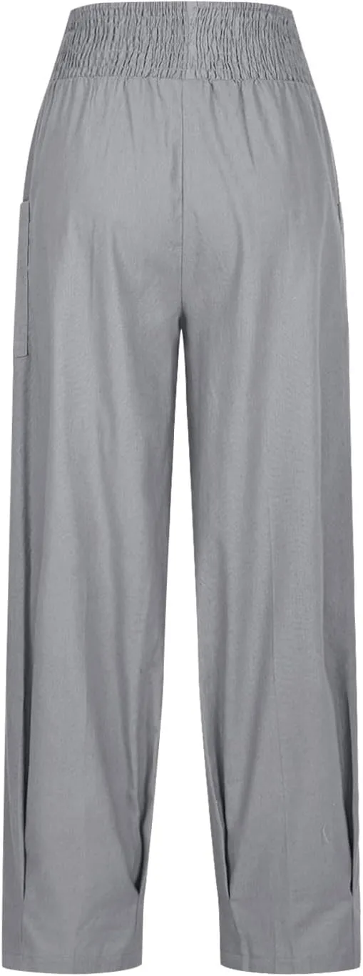 Linen Pants Women Summer 2025 Elastic High Waisted Baggy Paperback Pant Solid Color Harem Trouser with Pockets