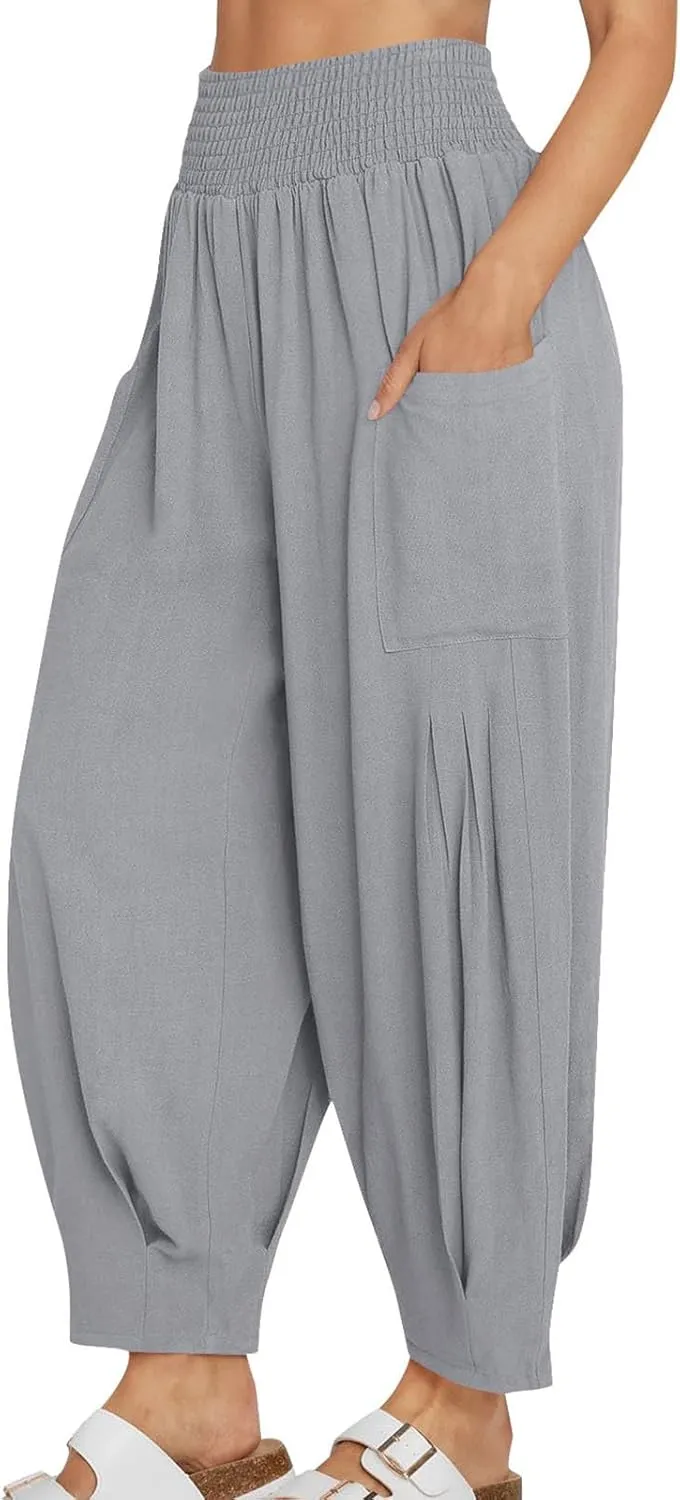 Linen Pants Women Summer 2025 Elastic High Waisted Baggy Paperback Pant Solid Color Harem Trouser with Pockets