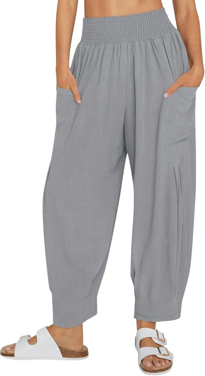 Linen Pants Women Summer 2025 Elastic High Waisted Baggy Paperback Pant Solid Color Harem Trouser with Pockets