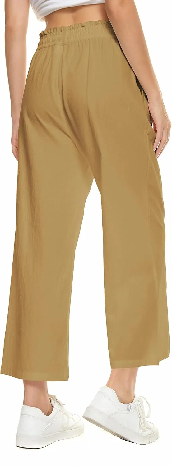 LNX Womens Wide Leg Linen Pants High Waisted Drawstring Flowy Casual Crop Trousers with Pockets