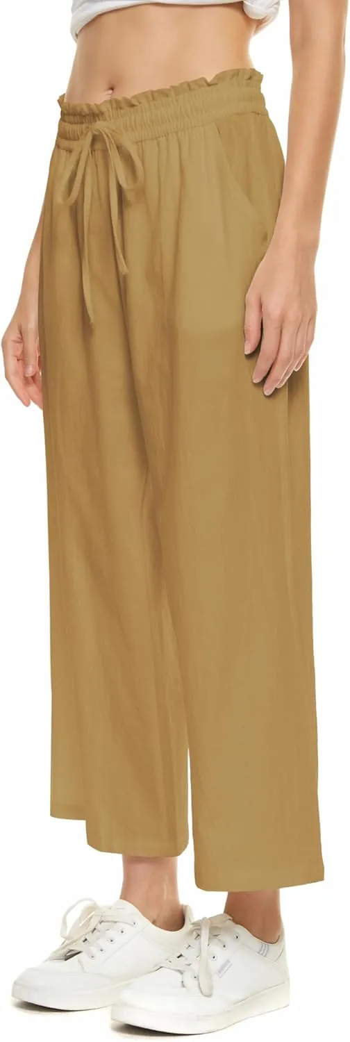 LNX Womens Wide Leg Linen Pants High Waisted Drawstring Flowy Casual Crop Trousers with Pockets