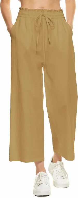 LNX Womens Wide Leg Linen Pants High Waisted Drawstring Flowy Casual Crop Trousers with Pockets