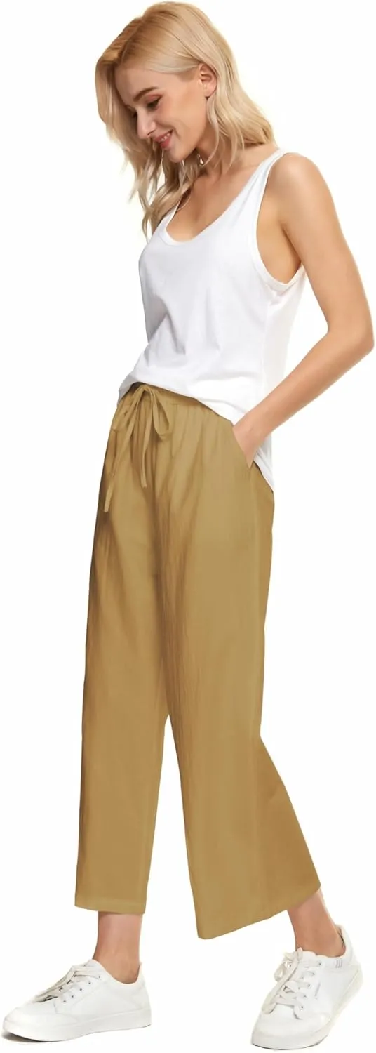 LNX Womens Wide Leg Linen Pants High Waisted Drawstring Flowy Casual Crop Trousers with Pockets