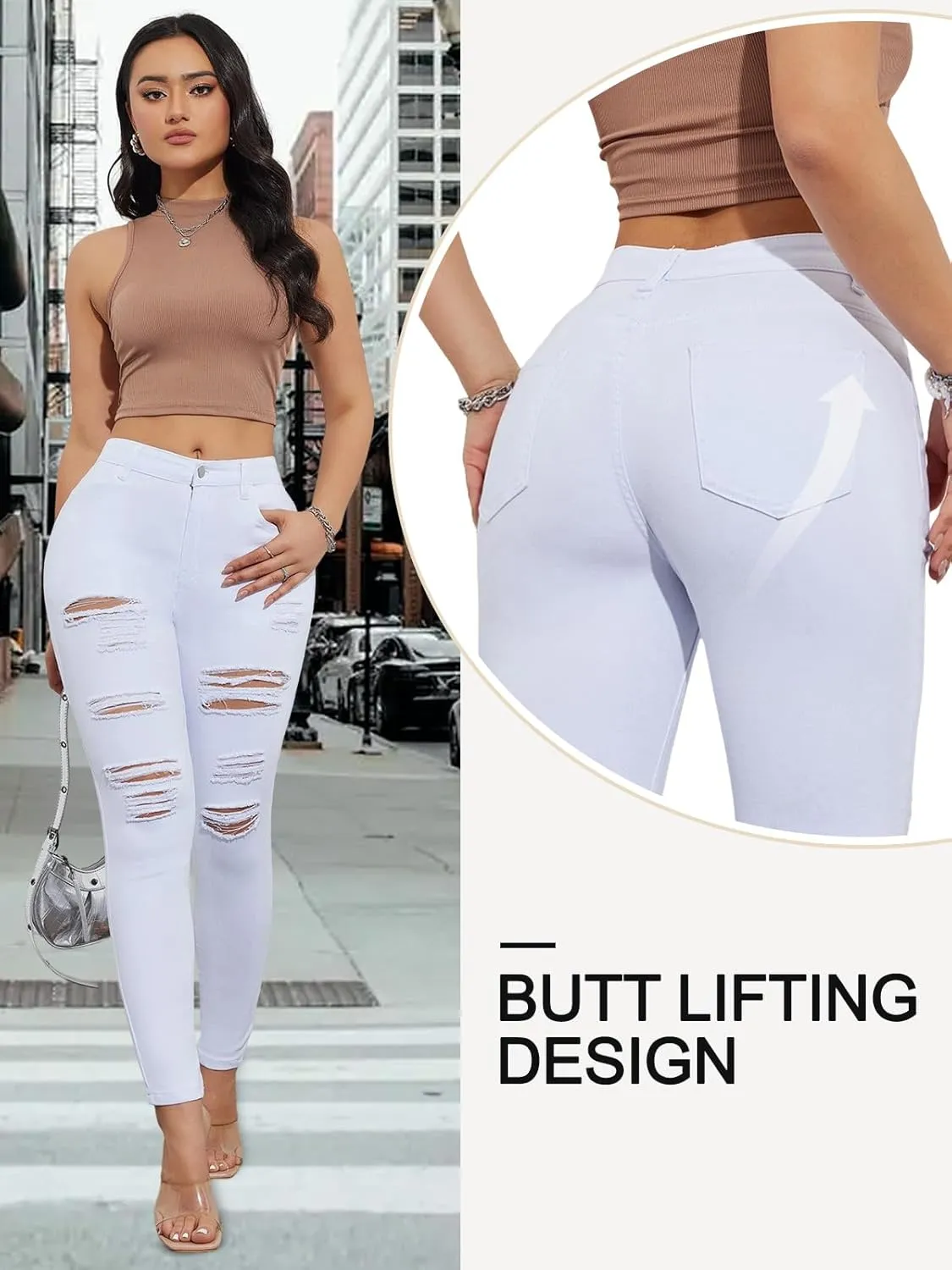 LONGBIDA Skinny Ripped Jeans for Women High Waisted Stretch Butt Lifting Jeans Slim Fit Distressed Denim Pants Jeggings Jeans