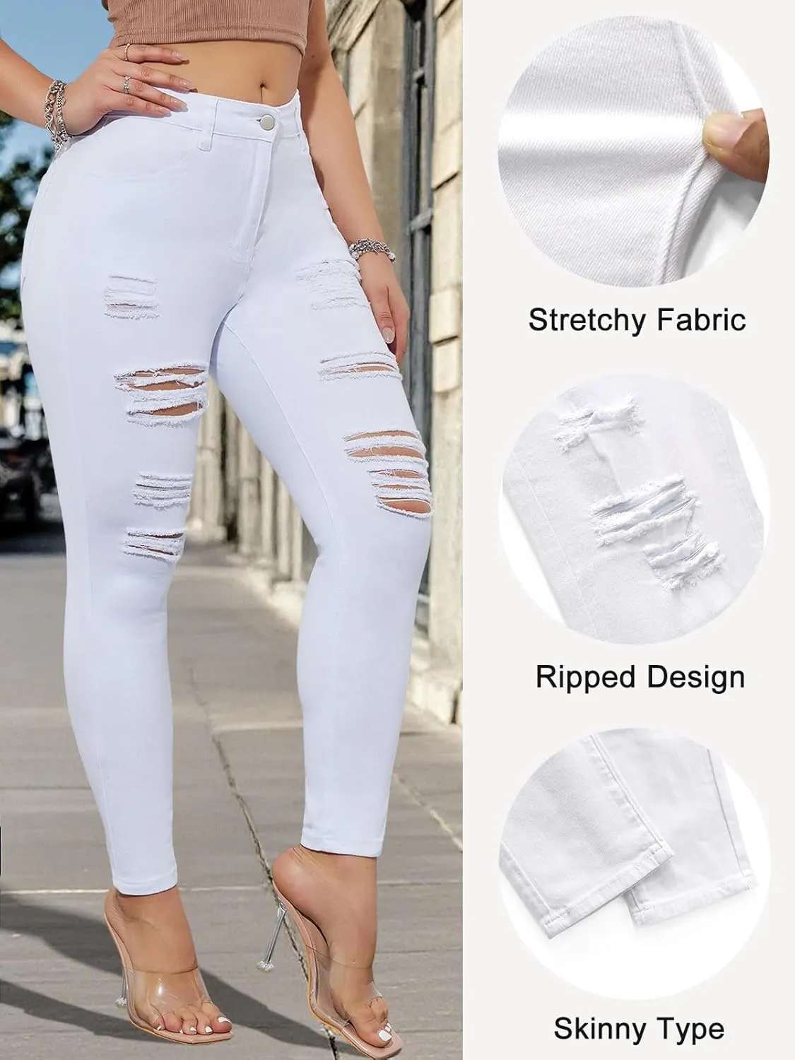 LONGBIDA Skinny Ripped Jeans for Women High Waisted Stretch Butt Lifting Jeans Slim Fit Distressed Denim Pants Jeggings Jeans
