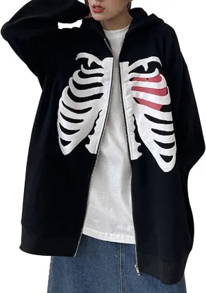 Luckinbaby Women Oversized Zip Up Hoodie Sweatshirt Long Sleeve Y2k Graphic Jacket Skeleton Ribcage Sweatshirts