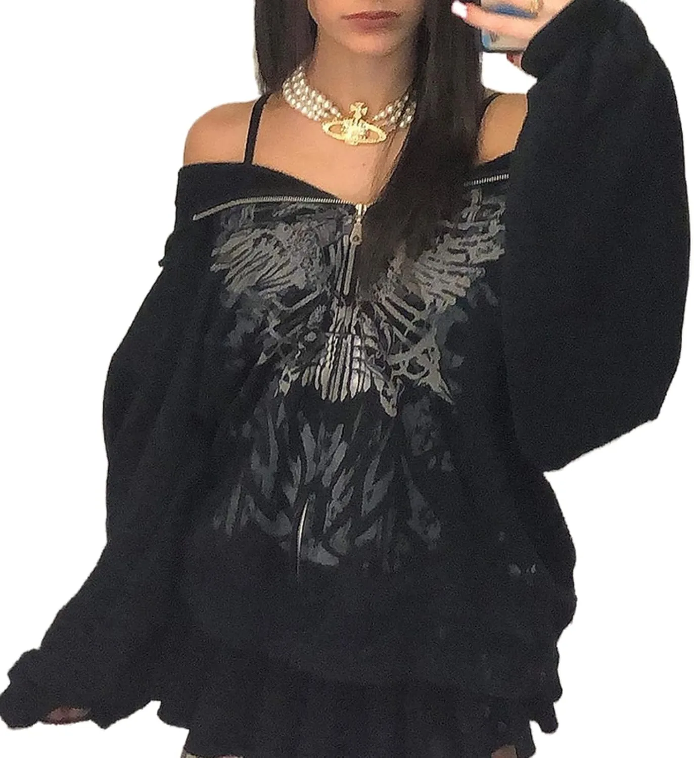 Luckinbaby Women Oversized Zip Up Hoodie Sweatshirt Long Sleeve Y2k Graphic Jacket Skeleton Ribcage Sweatshirts