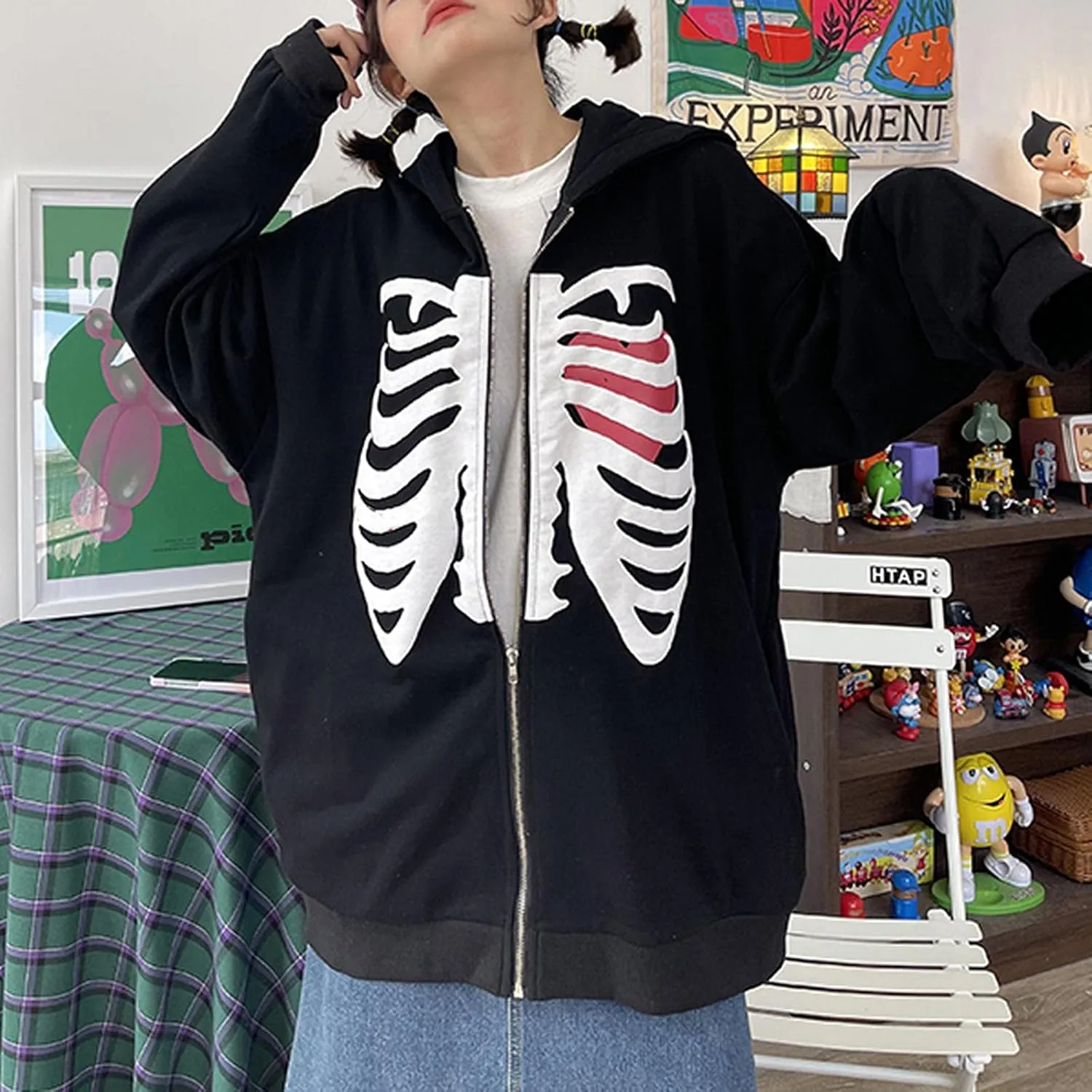 Luckinbaby Women Oversized Zip Up Hoodie Sweatshirt Long Sleeve Y2k Graphic Jacket Skeleton Ribcage Sweatshirts