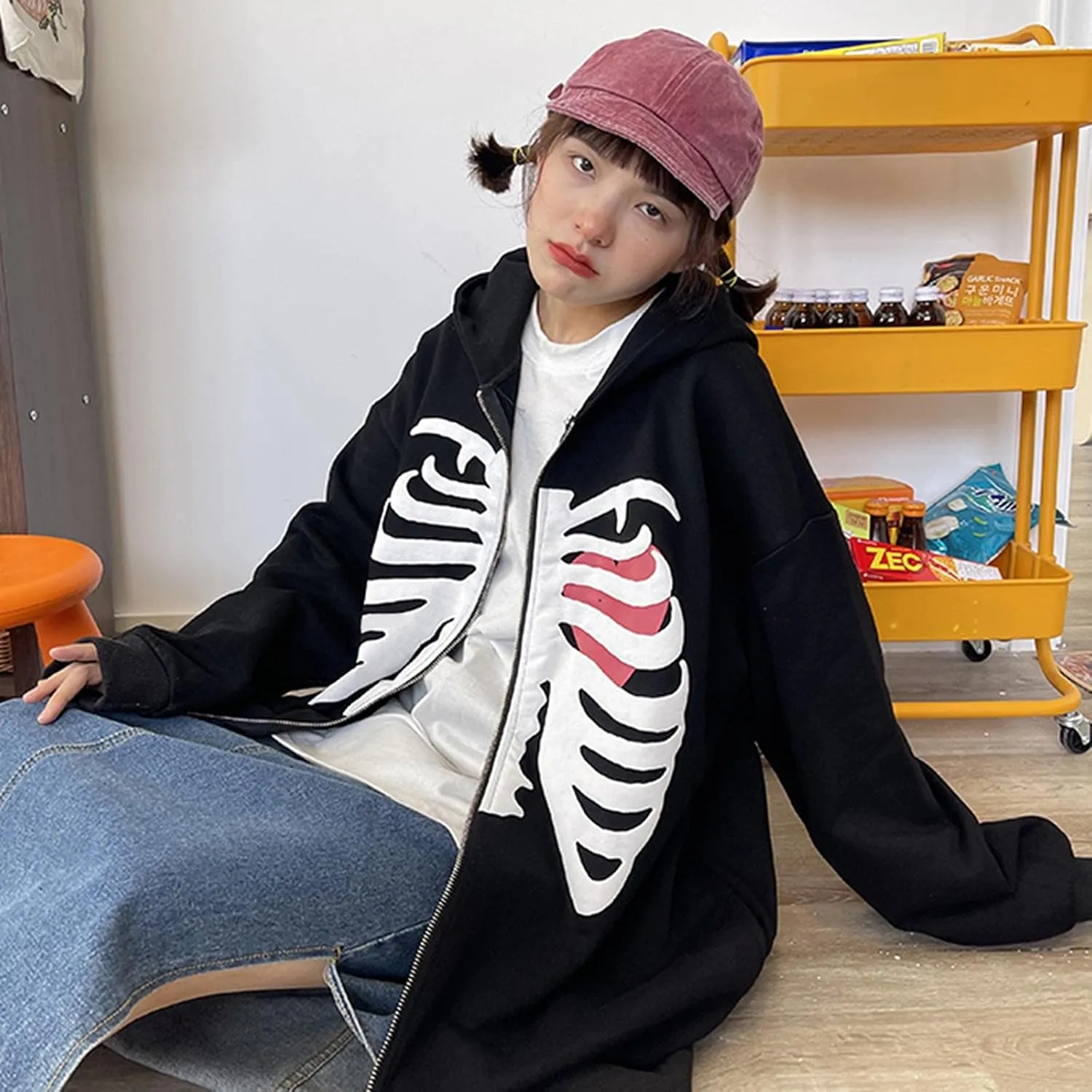 Luckinbaby Women Oversized Zip Up Hoodie Sweatshirt Long Sleeve Y2k Graphic Jacket Skeleton Ribcage Sweatshirts
