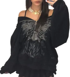 Luckinbaby Women Oversized Zip Up Hoodie Sweatshirt Long Sleeve Y2k Graphic Jacket Skeleton Ribcage Sweatshirts