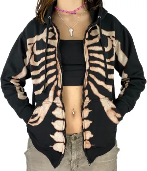 Luckinbaby Women Oversized Zip Up Hoodie Sweatshirt Long Sleeve Y2k Graphic Jacket Skeleton Ribcage Sweatshirts